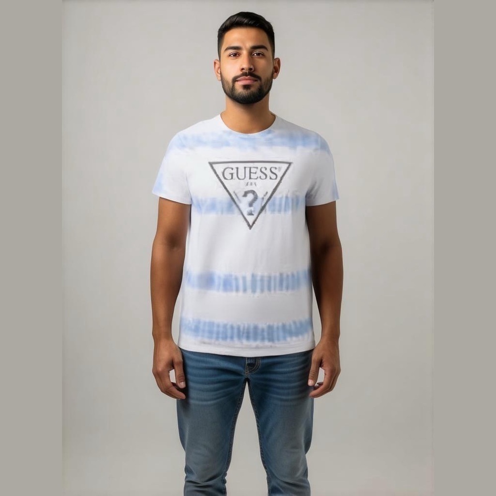 Guess heritage sky blue white 3m tie dye reflective logo tee organic cotton sz s